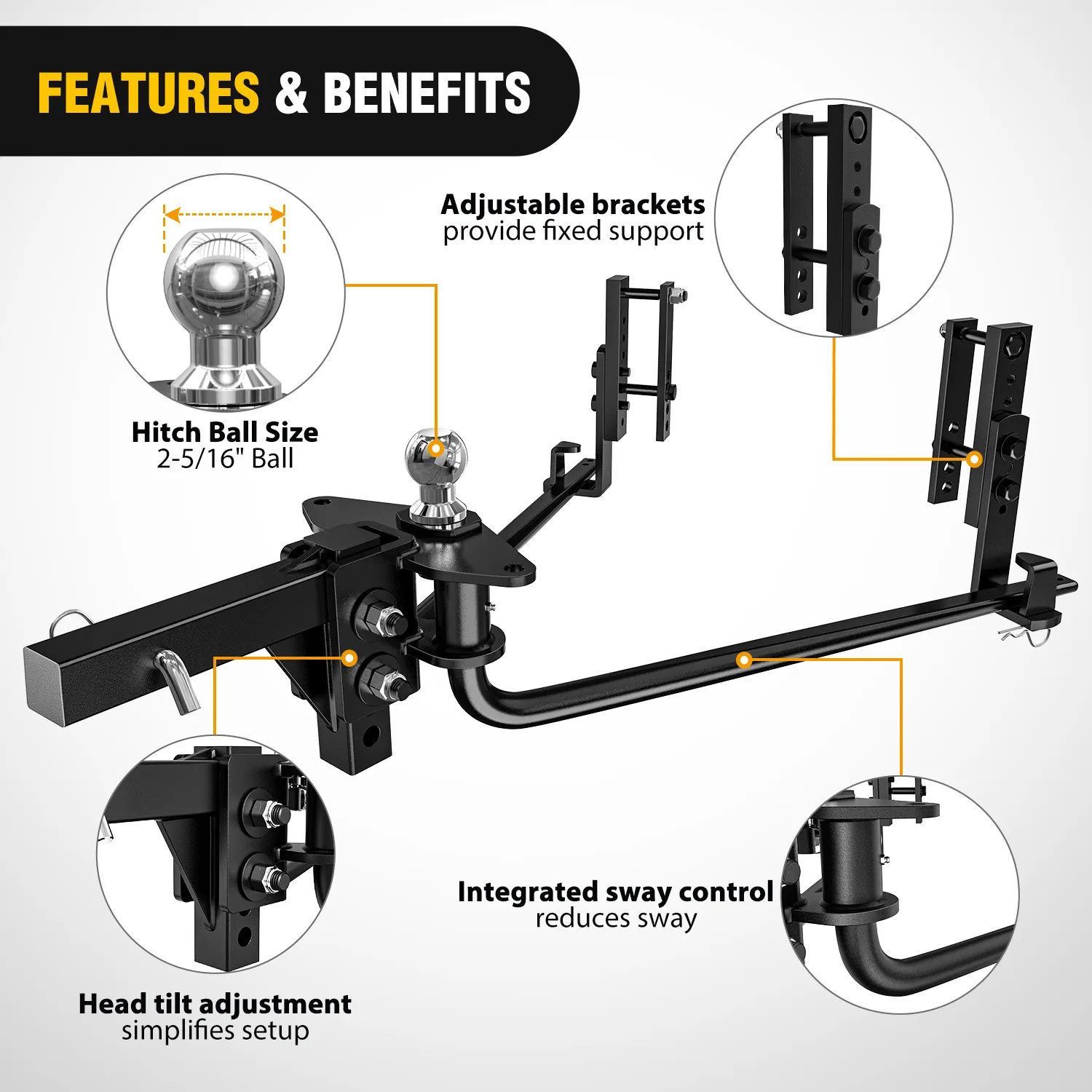 800 lbs Round Bar Weight Distributing Hitches Kit with Sway Control