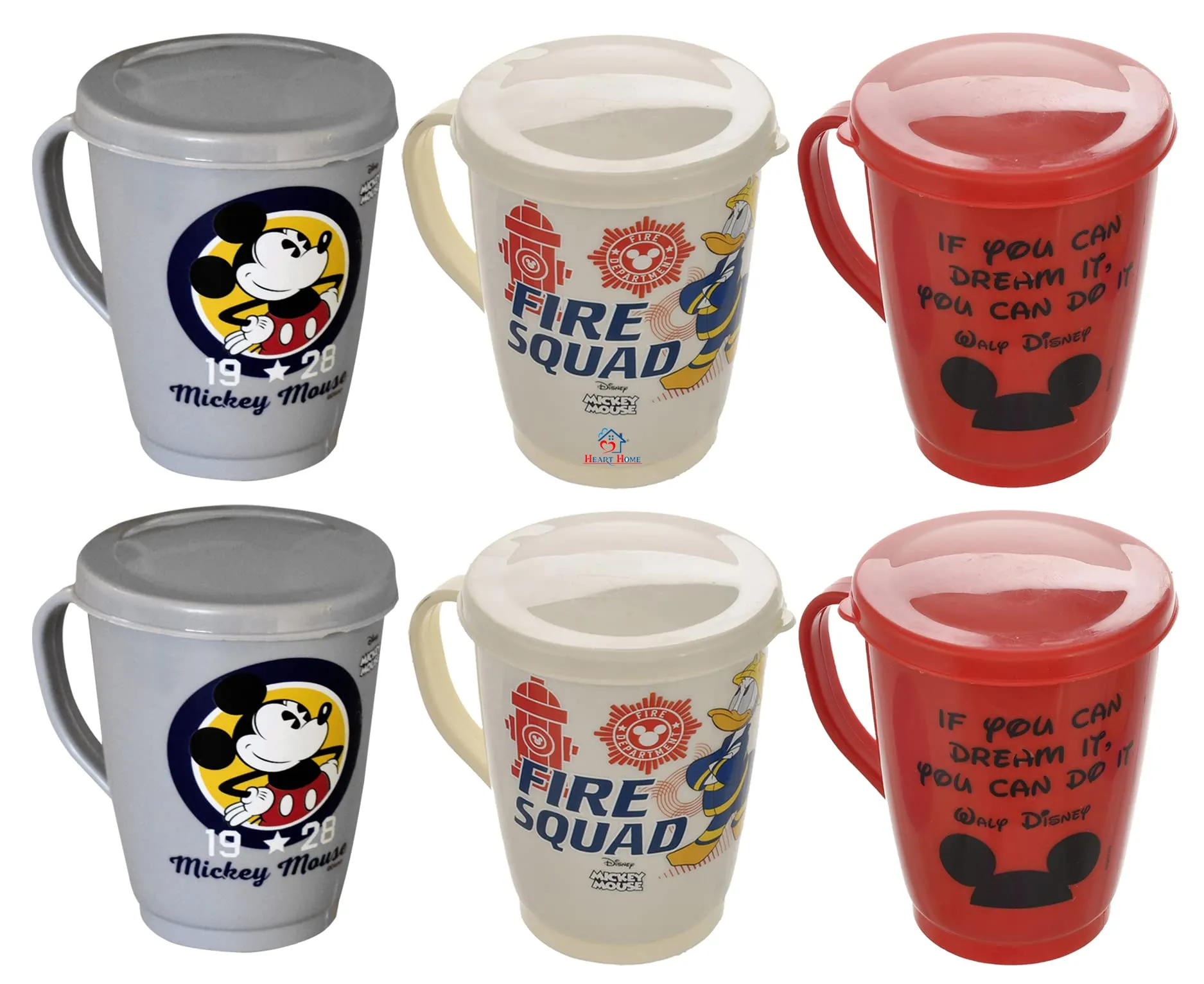 Heart Home Disney Printed Coffee/Tea Mug with Lid, Pack of 6 (Cream & Grey & Red)