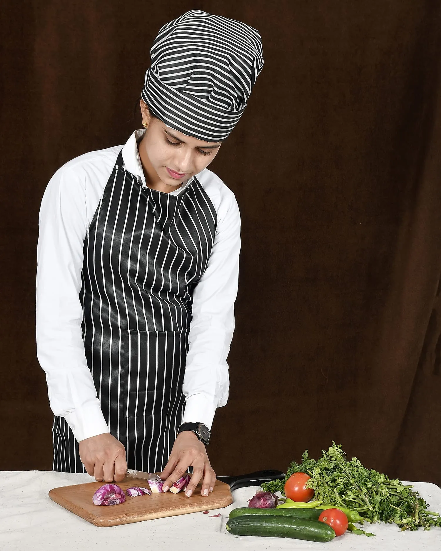 Heart Home Linning Printed Apron & Cooking Cap Set for Cooking, Baking, Party Favors, Home Kitchen, Restaurant, Set of 4 (Black & White)-50HH01009