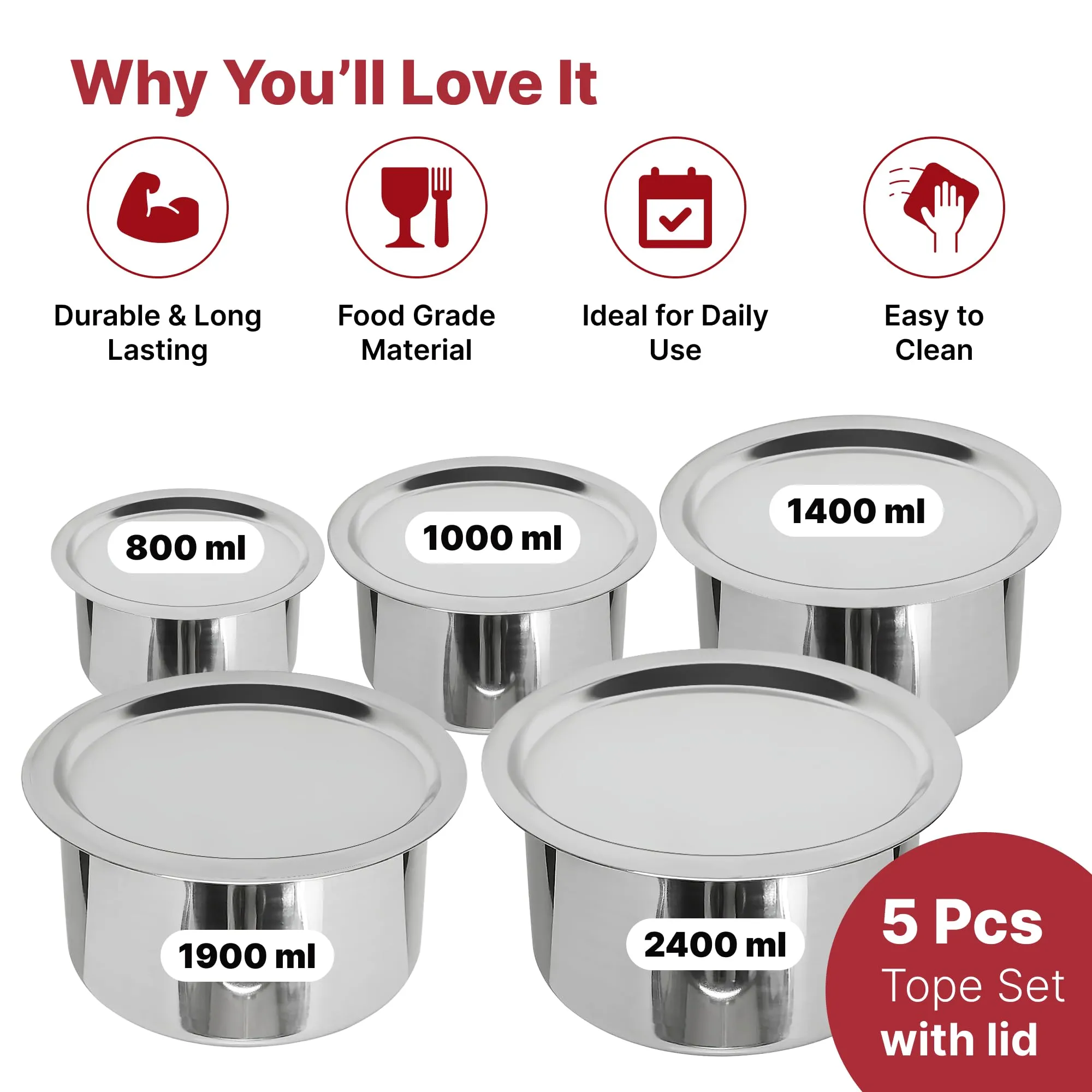 Kuber Industries Set of 5 Stainless Steel Tope Set/Vessels for Cooking with Lid | Induction Safe Heavy Duty Gauge Boiling & Cooking Patila/Topiya/Bhagona Steel Kitchen Utensils | Silver
