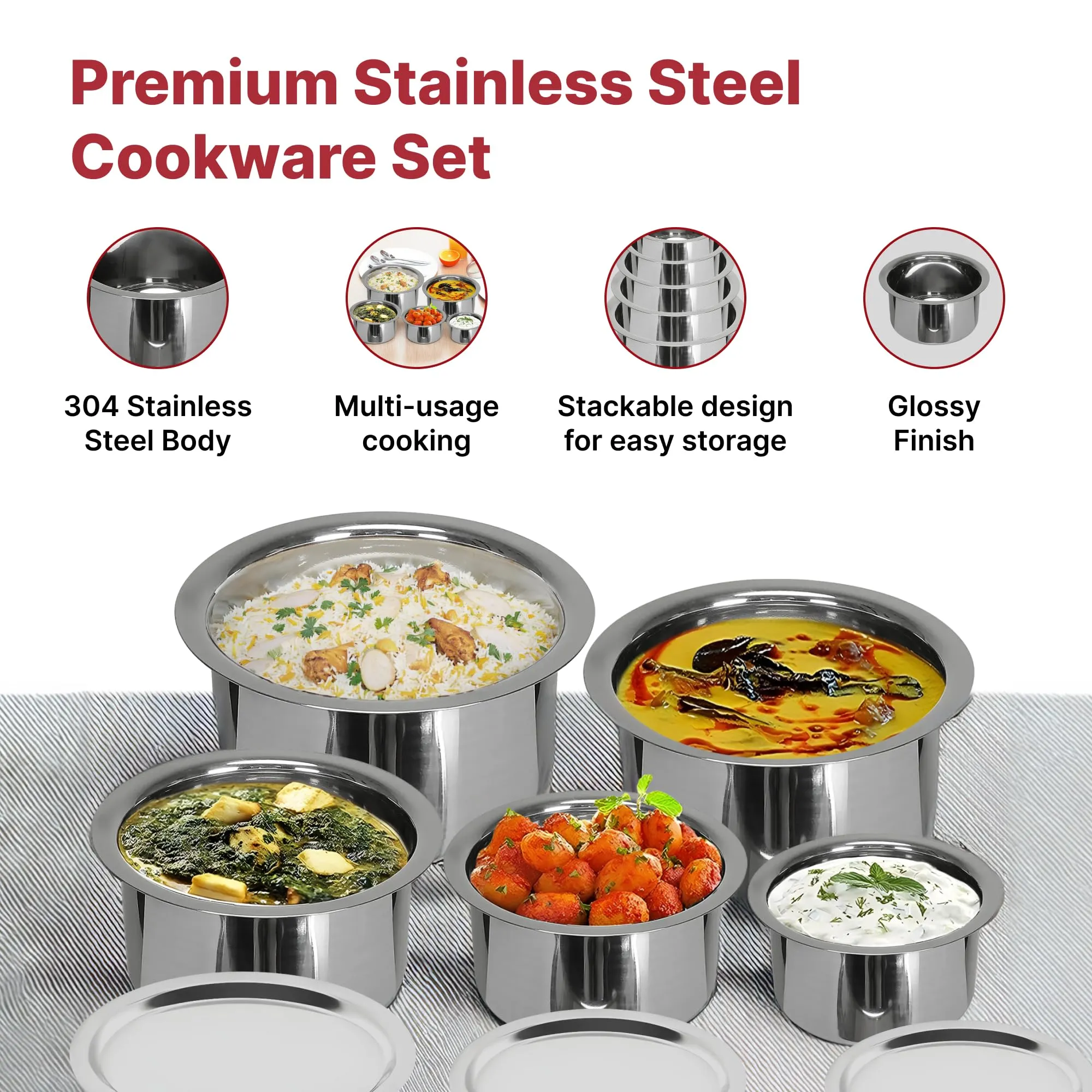 Kuber Industries Set of 5 Stainless Steel Tope Set/Vessels for Cooking with Lid | Induction Safe Heavy Duty Gauge Boiling & Cooking Patila/Topiya/Bhagona Steel Kitchen Utensils | Silver