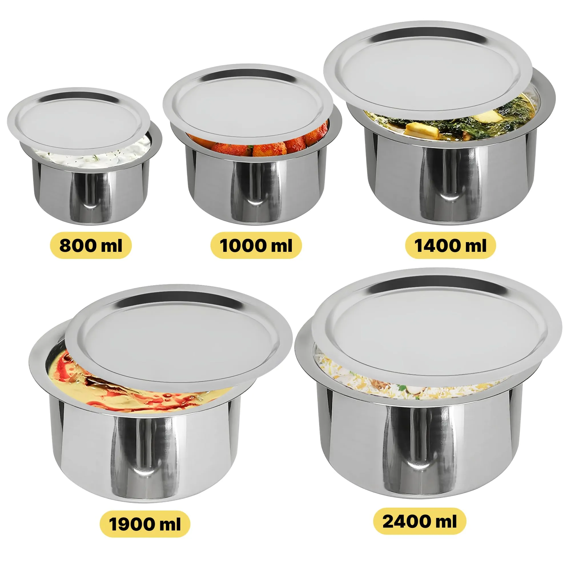 Kuber Industries Set of 5 Stainless Steel Tope Set/Vessels for Cooking with Lid | Induction Safe Heavy Duty Gauge Boiling & Cooking Patila/Topiya/Bhagona Steel Kitchen Utensils | Silver