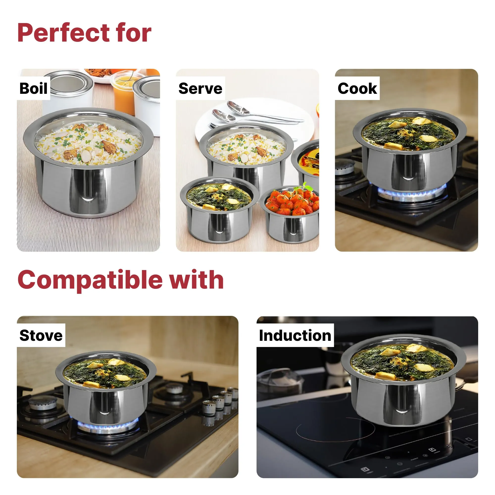 Kuber Industries Set of 5 Stainless Steel Tope Set/Vessels for Cooking with Lid | Induction Safe Heavy Duty Gauge Boiling & Cooking Patila/Topiya/Bhagona Steel Kitchen Utensils | Silver