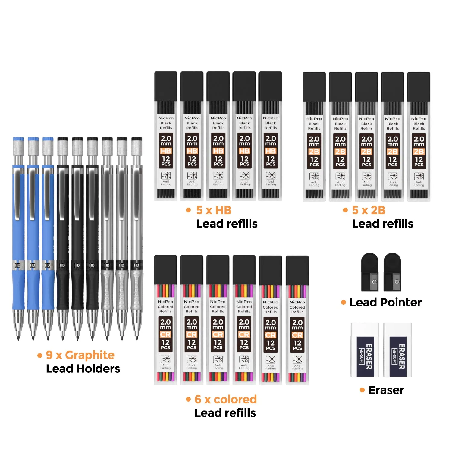 Nicpro 2.0 mm Mechanical Pencil Set, 9 Artist Carpenters Drafting Clutch Pencil for Drawing Writing Crafting Art Sketching with Colors HB & 2B Refill, Eraser, Sharpener, Propelling Lead Holder