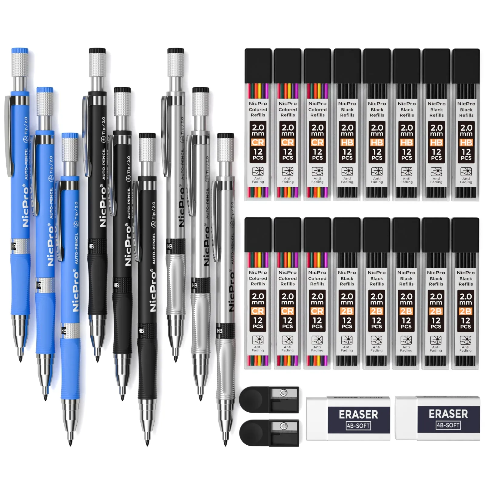 Nicpro 2.0 mm Mechanical Pencil Set, 9 Artist Carpenters Drafting Clutch Pencil for Drawing Writing Crafting Art Sketching with Colors HB & 2B Refill, Eraser, Sharpener, Propelling Lead Holder