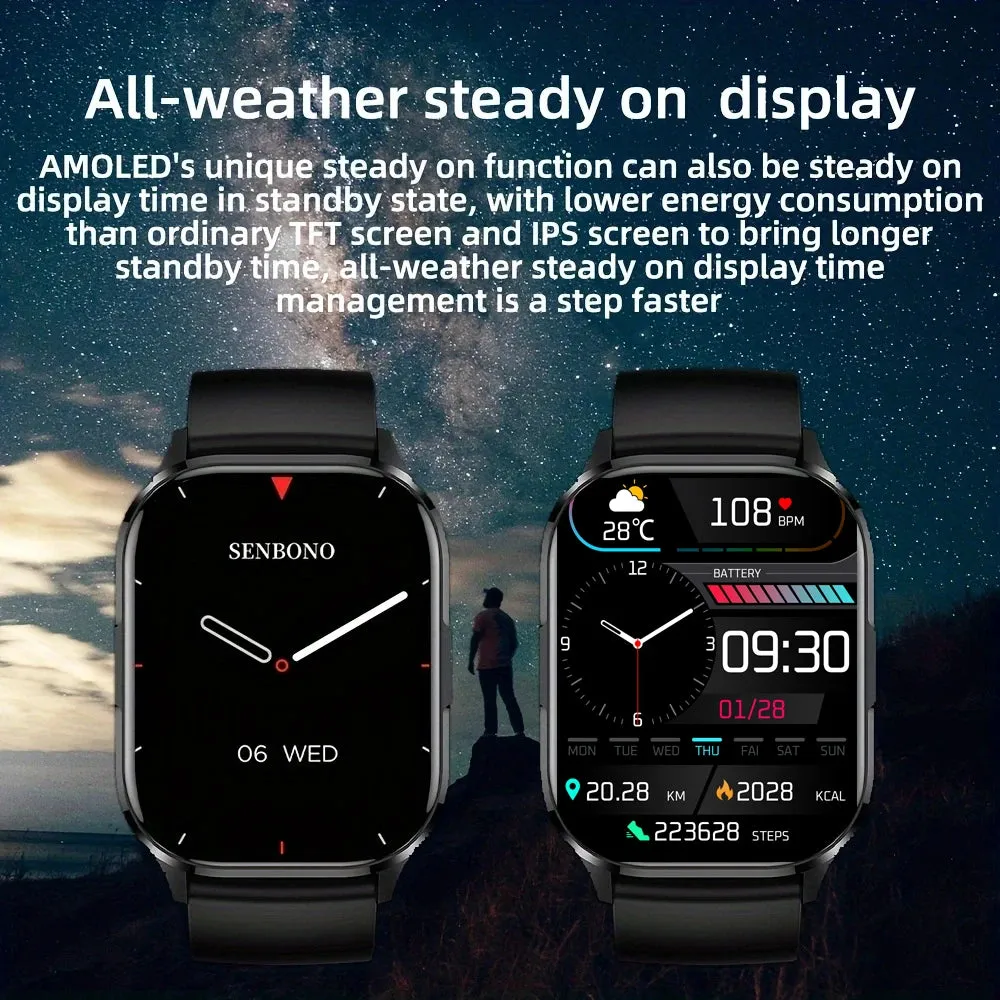 SENBONO AIR3 2024 AMOLED Men Smart Watch Bluetooth Call 24H Health Tracker Sport  Waterproof Smartwatch Men Women for Android