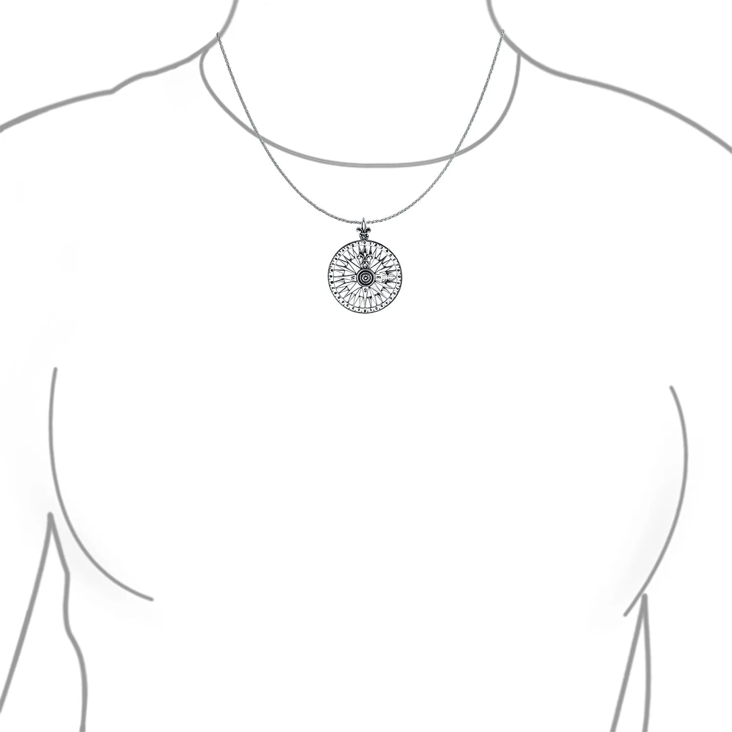 Unisex Celtic Fleur De Lis Compass Pendant Necklace in Oxidized Sterling Silver