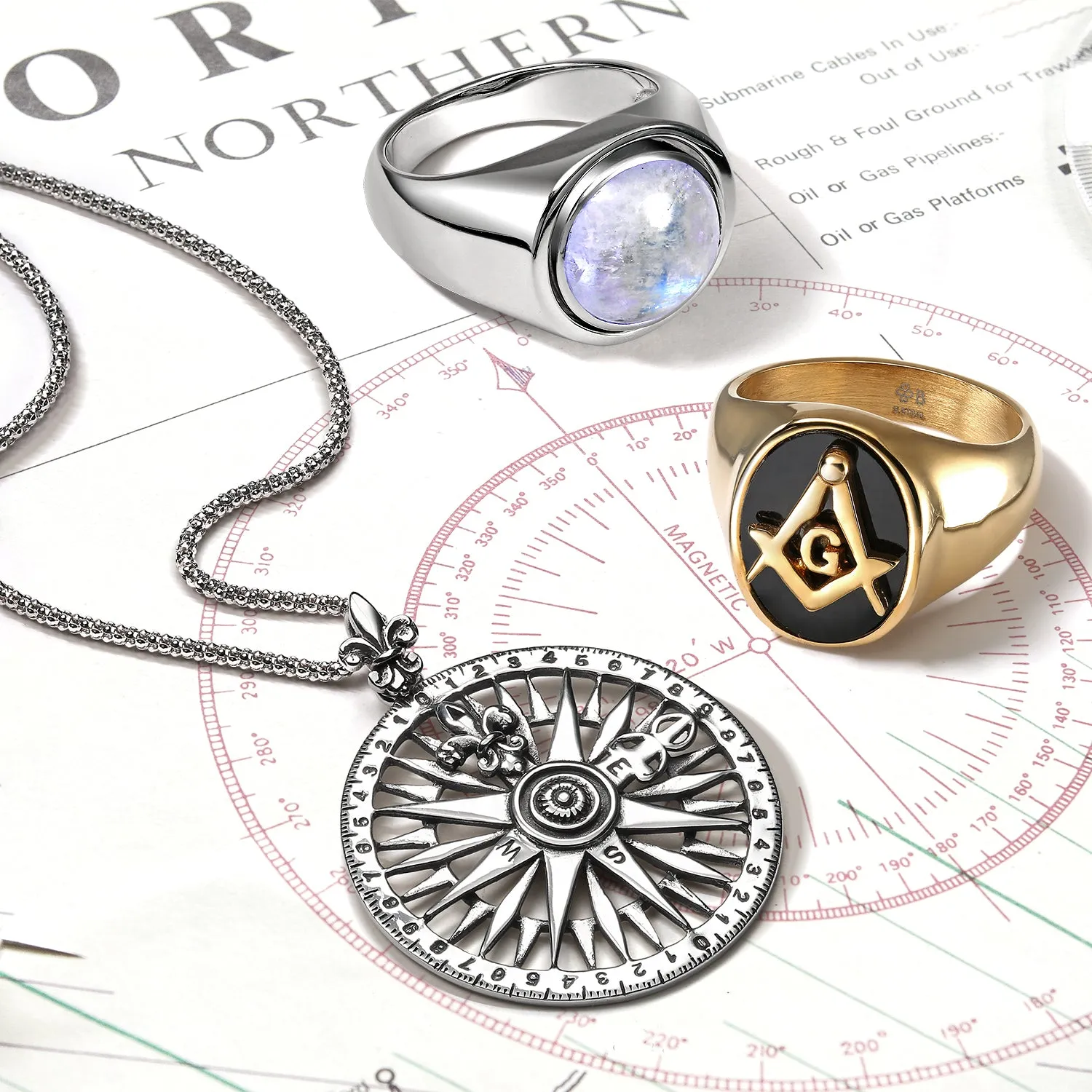 Unisex Celtic Fleur De Lis Compass Pendant Necklace in Oxidized Sterling Silver