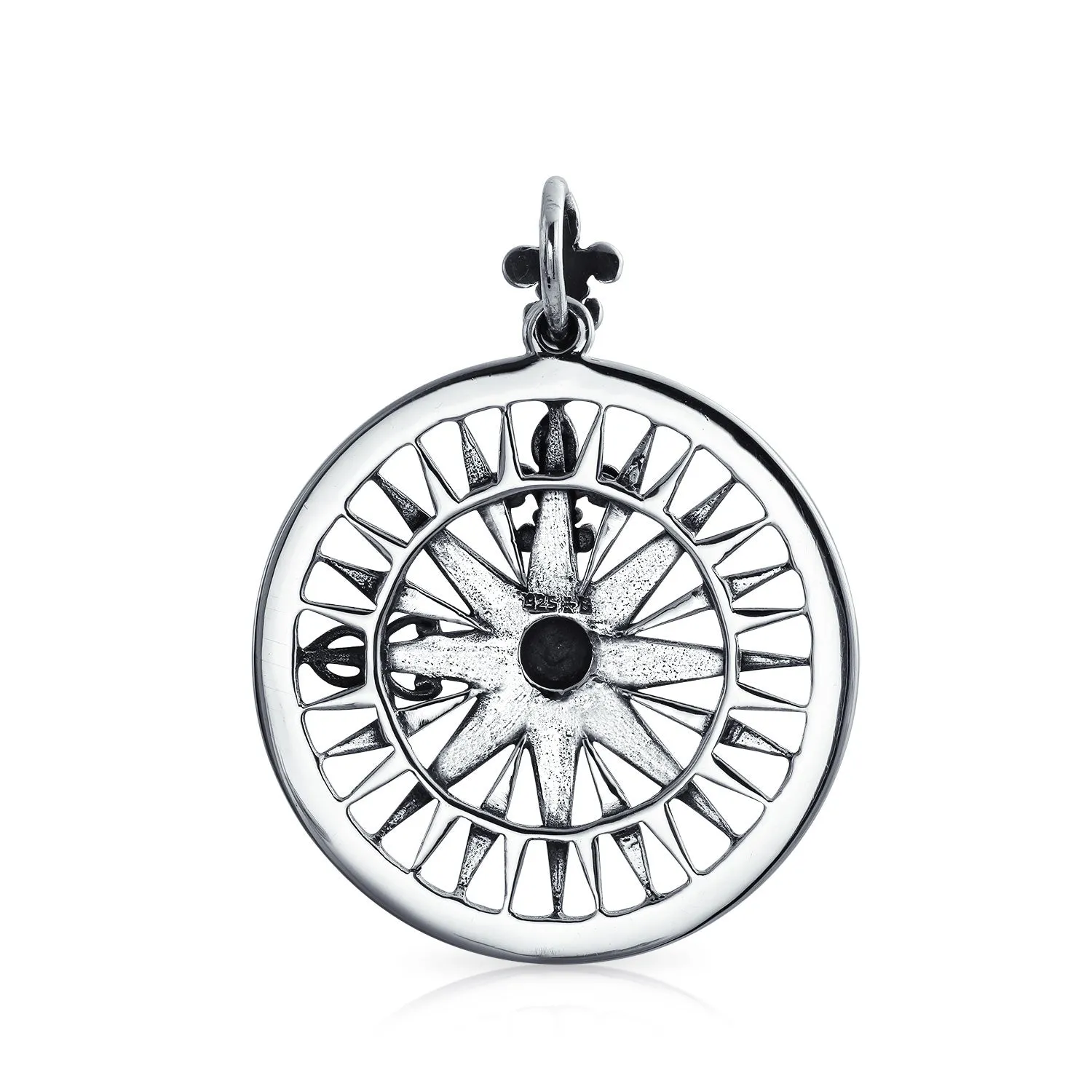 Unisex Celtic Fleur De Lis Compass Pendant Necklace in Oxidized Sterling Silver